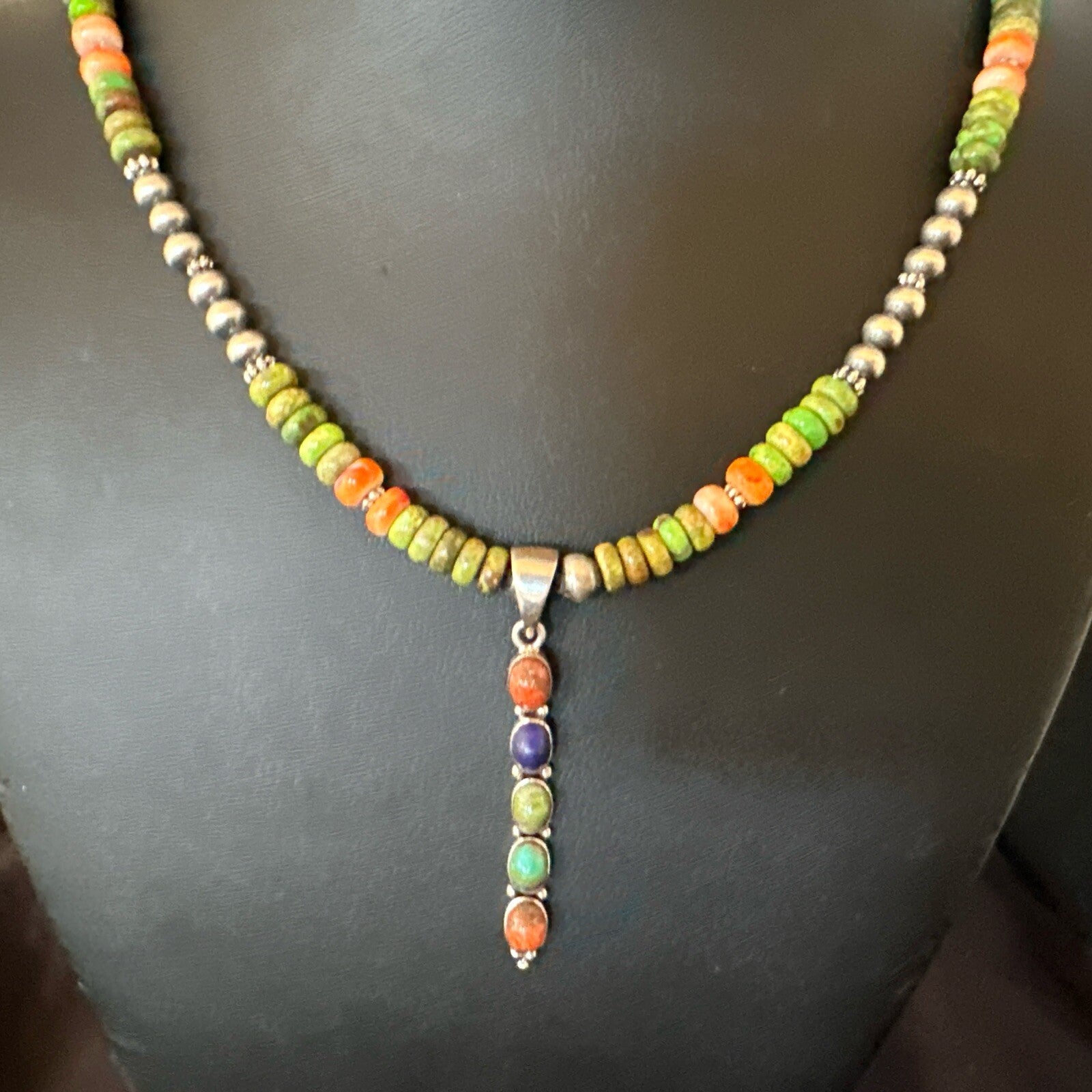Feather Multicolor Turquoise Pendant Navajo Sterling Silver Necklace 18733