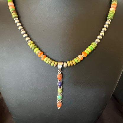 Feather Multicolor Turquoise Pendant Navajo Sterling Silver Necklace 18733