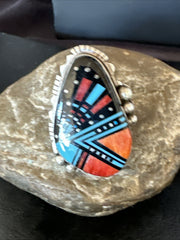 Cosmic Inlay Onyx Turquoise Spiny Navajo Ring Size 9 | Sterling Silver | Authentic Native American Handmade | 19789