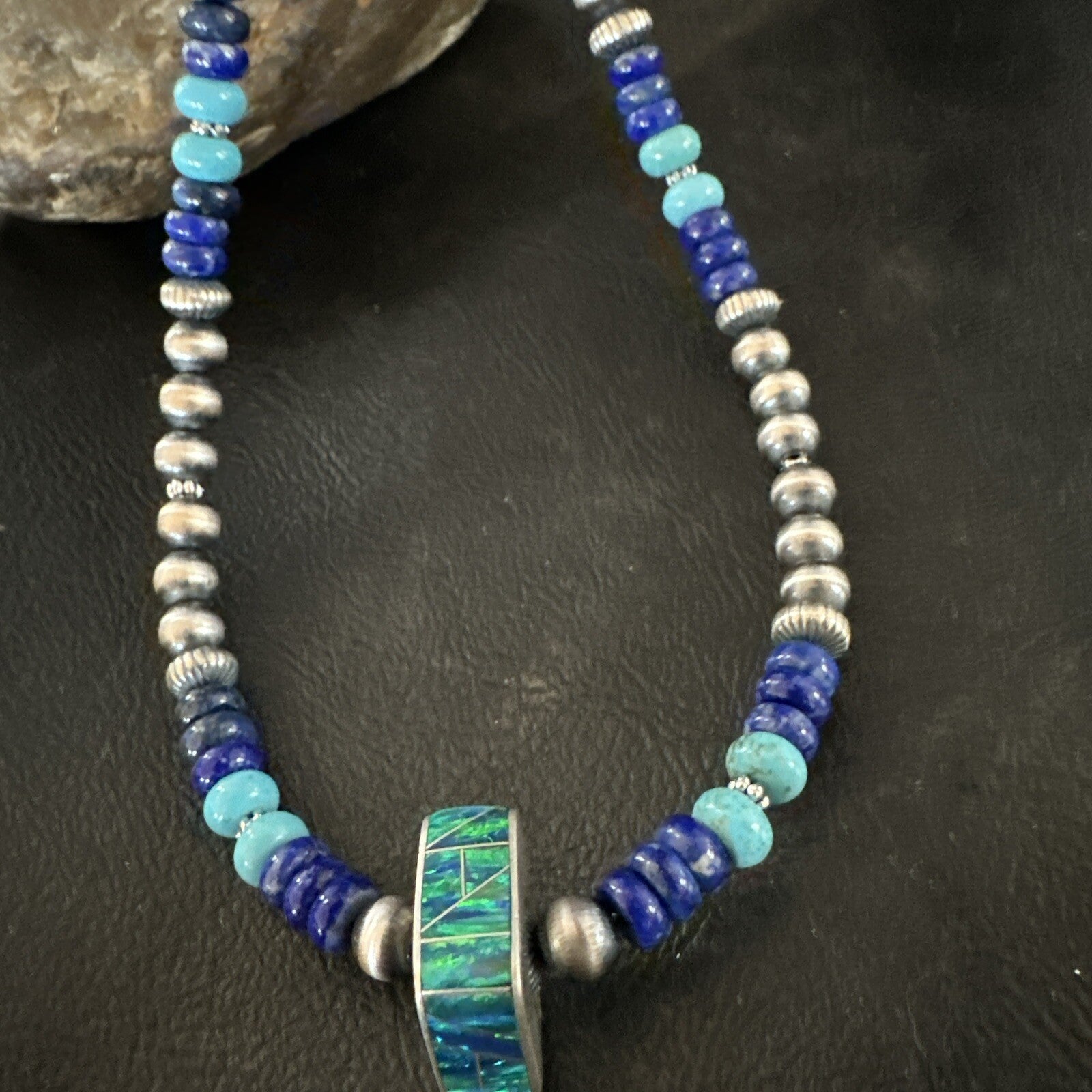 Mens Blue Turquoise Lapis Opal Pendant Navajo Sterling Silver Necklace 20" 17897