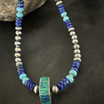 Mens Blue Turquoise Lapis Opal Pendant Navajo Sterling Silver Necklace 20" 17897