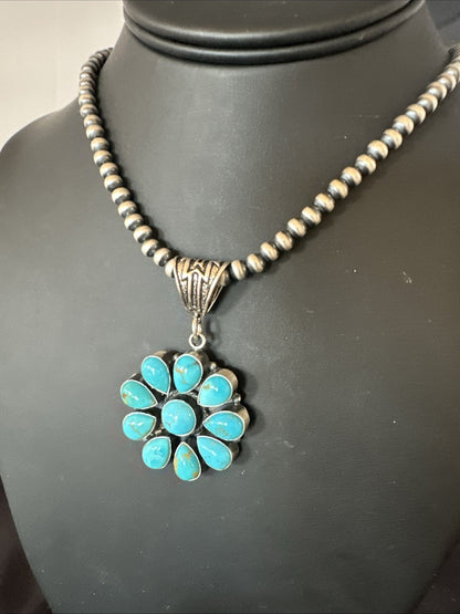 Blue Turquoise Navajo Sterling Silver Cluster Round Pendant Necklace 2”19303