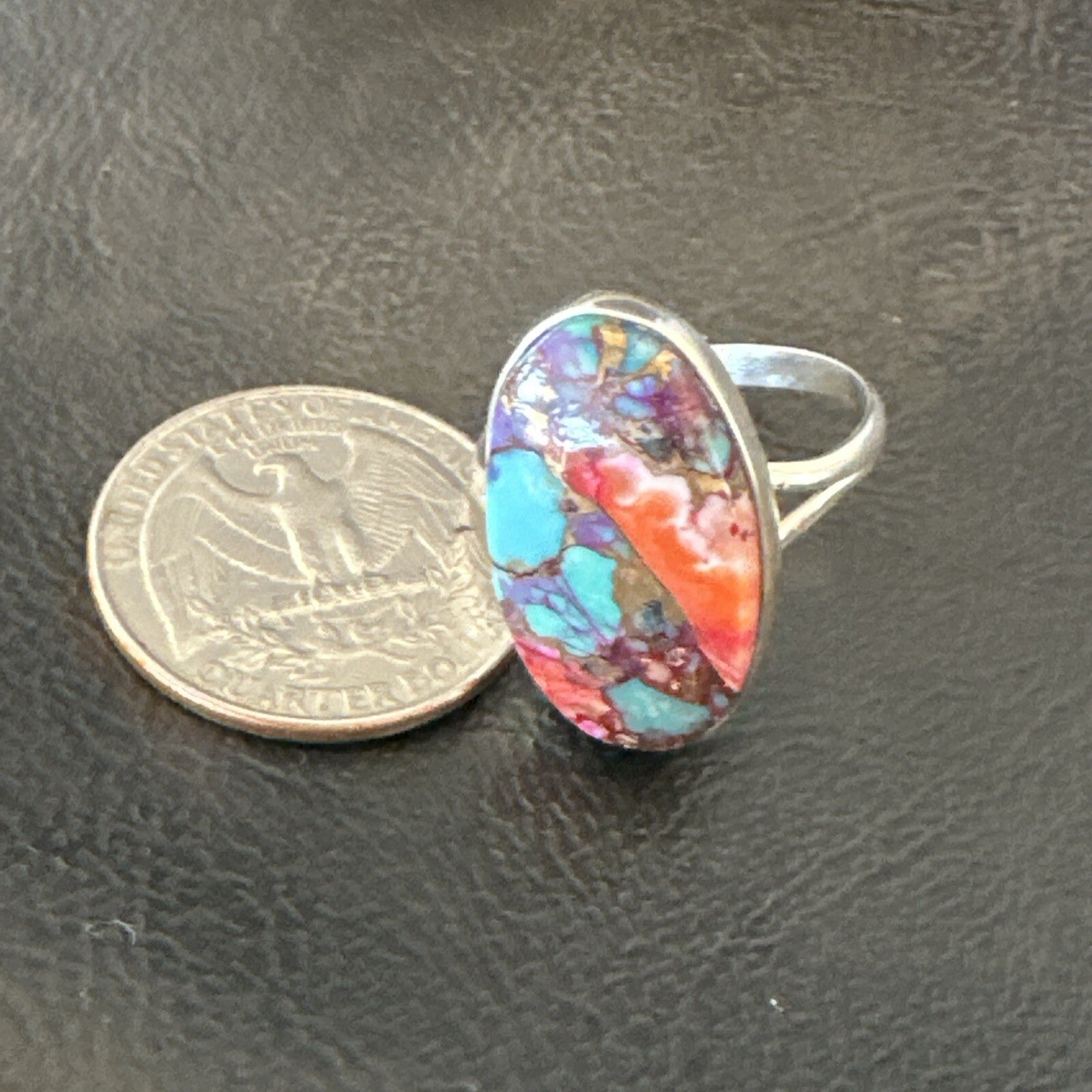 Blue Turquoise Spiny Oyster Southwestern Sterling Silver Ring Size 11 18455