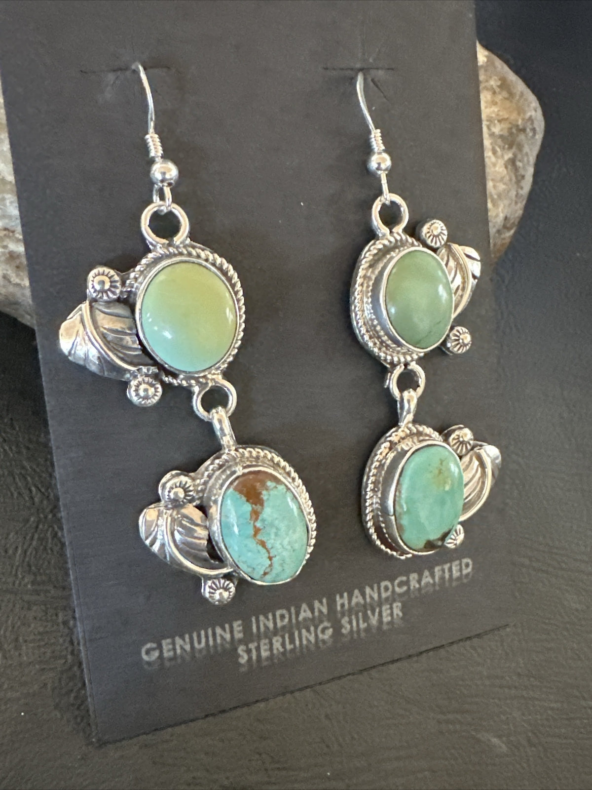 Native Navajo Green Turquoise Sterling Silver Dangle Earrings 2” 17911