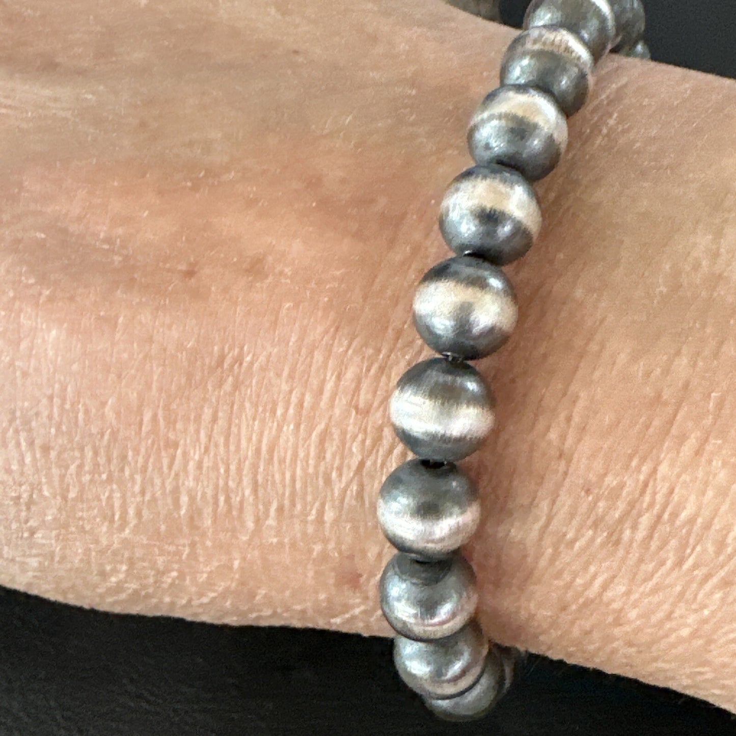 Native American Navajo 8mm Beads 6”Sterling Silver Stretch Bracelet 90801