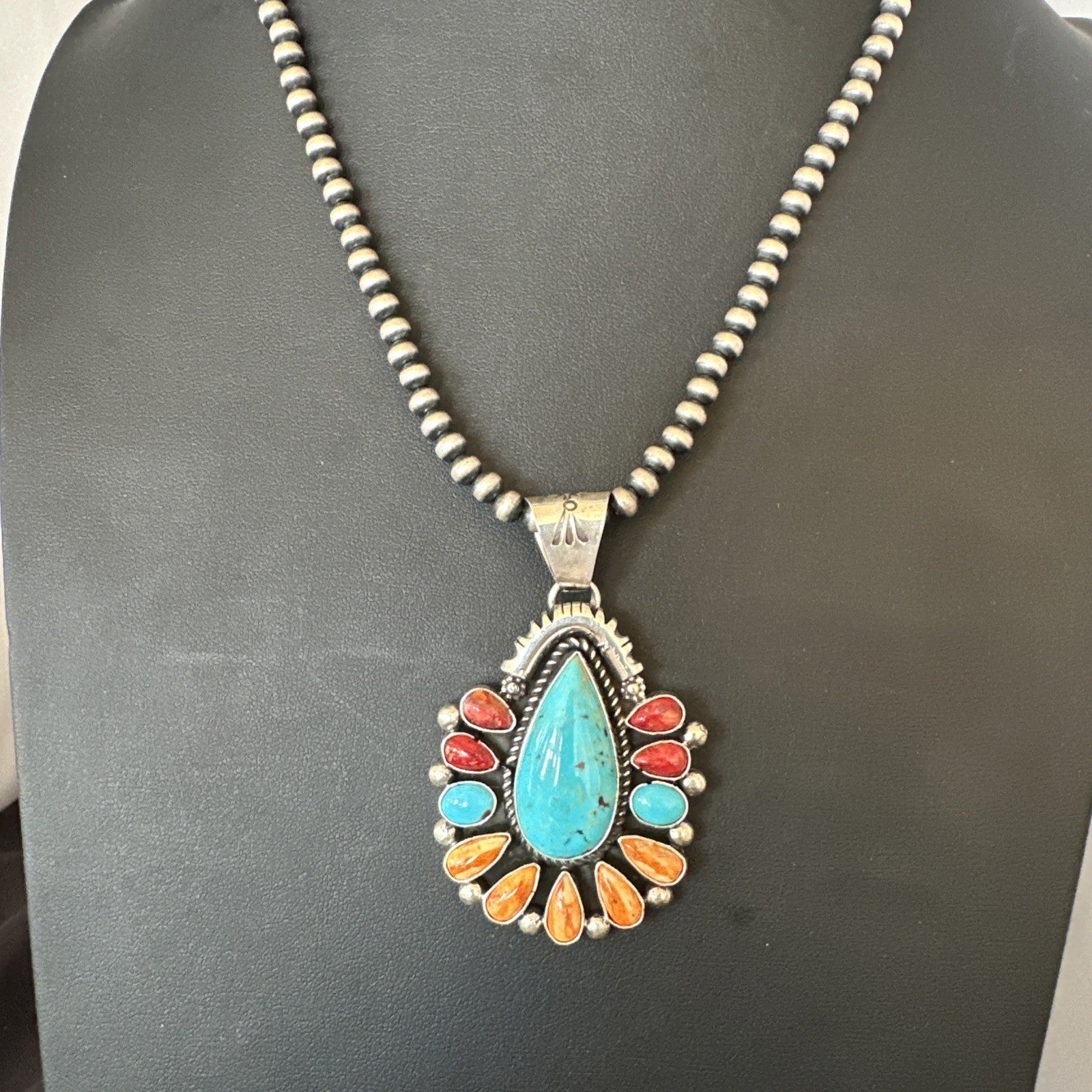 Multicolor Turquoise Spiny Navajo Sterling Silver Cluster Pendant Necklace 19561