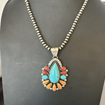 Multicolor Turquoise Spiny Navajo Sterling Silver Cluster Pendant Necklace 19561