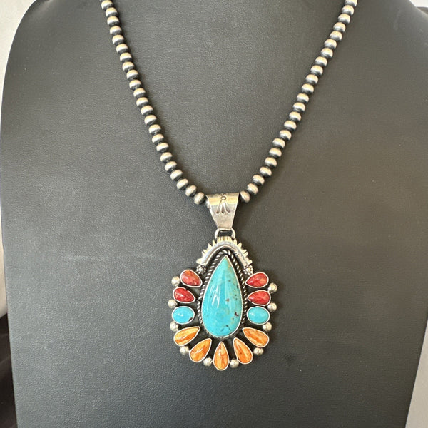 Multicolor Turquoise Spiny Navajo Cluster Pendant Necklace | Sterling Silver | Authentic Native American Handmade | 19561
