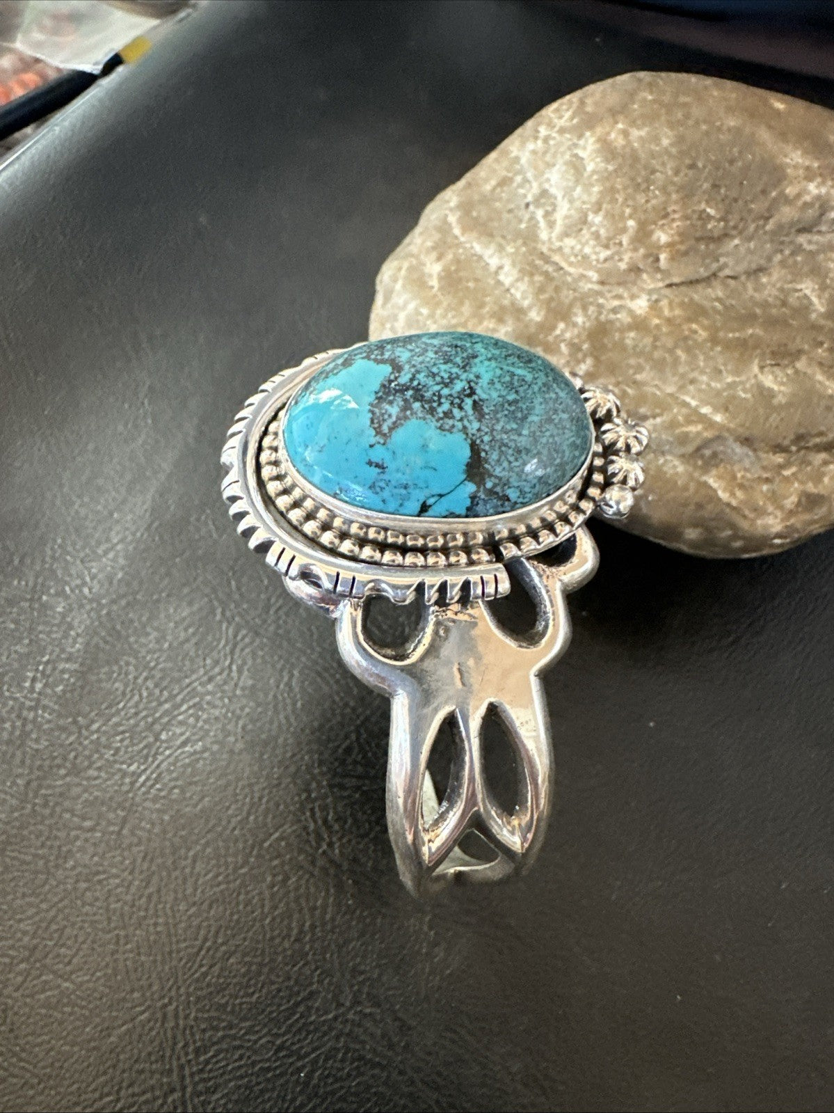 Yazzie Mens Blue Turquoise Navajo Sterling Silver Tufa Cast Cuff Bracelet 19693
