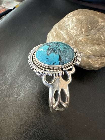 Yazzie Mens Blue Turquoise Navajo Sterling Silver Tufa Cast Cuff Bracelet 19693