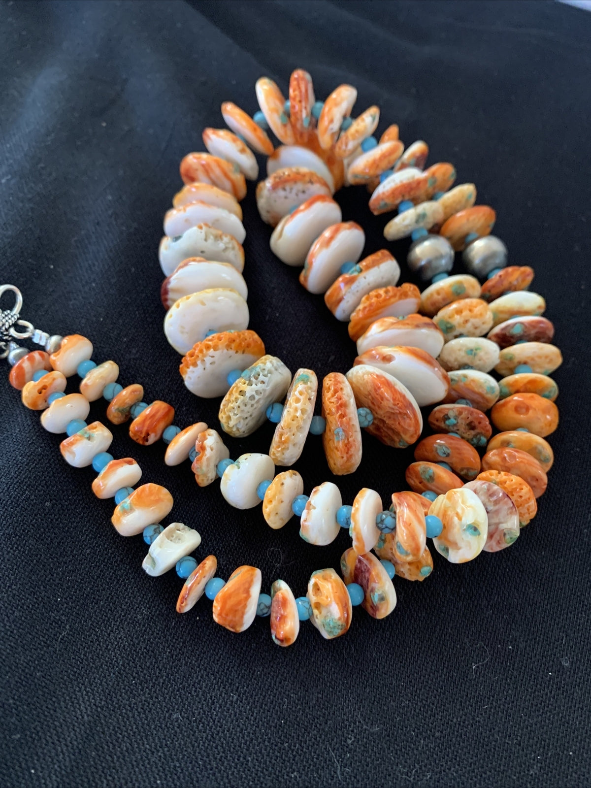 Turquoise & Orange Spiny Oyster Navajo Sterling Silver 28" Necklace 01390