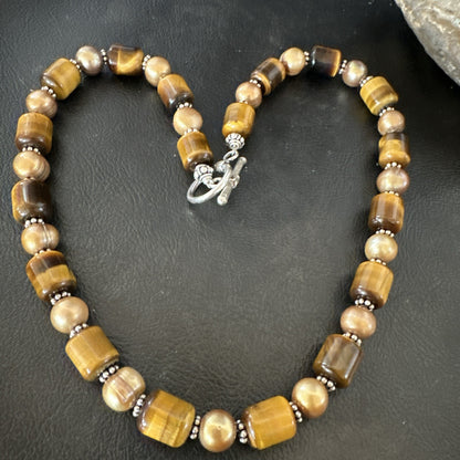 Coffee Tigers Eye Culture Pearl Sterling Silver Necklace Wrap Bracelet 17” 18737
