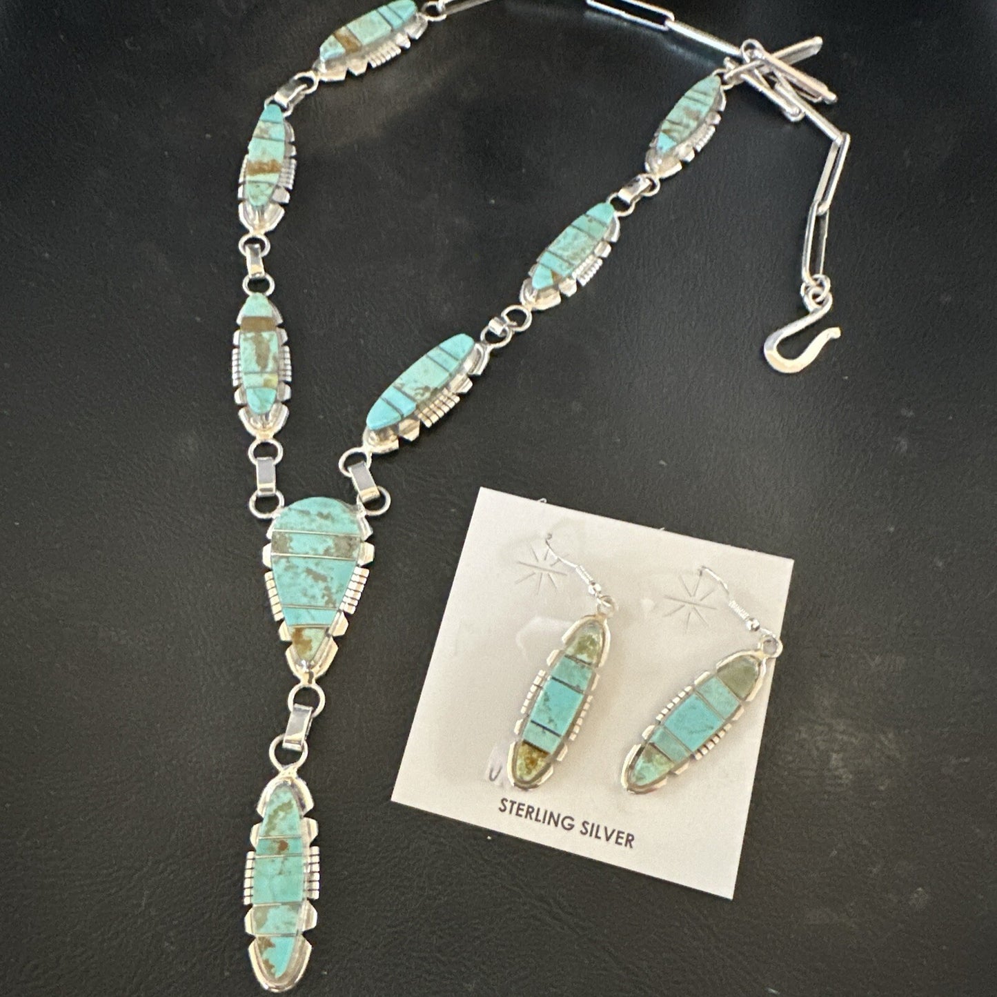Inlay Blue Turquoise#8 Navajo Sterling Silver Lariat Necklace Earrings 24” 17770