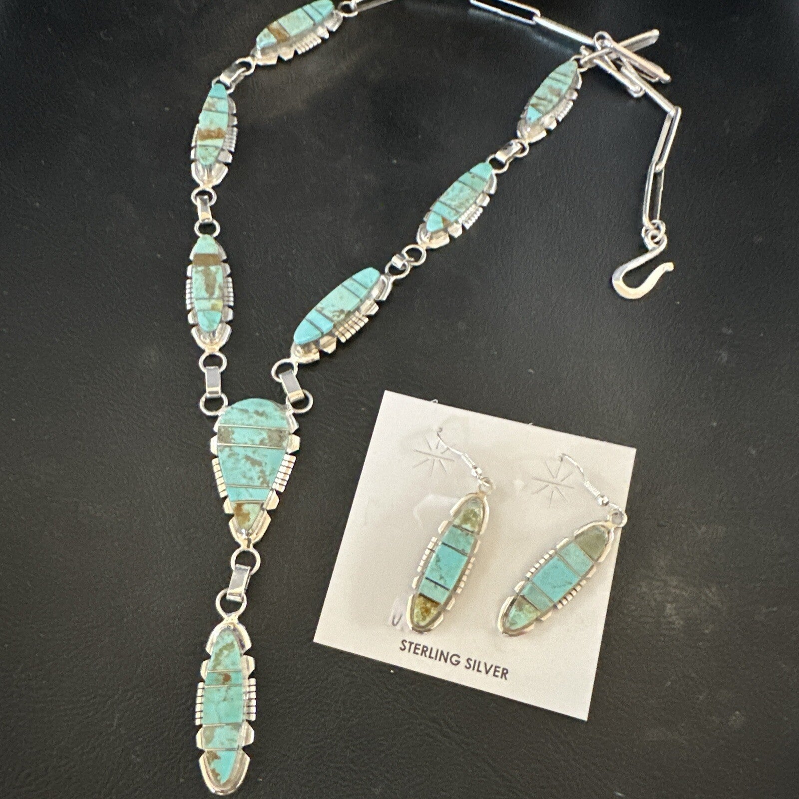 Inlay Blue Turquoise#8 Navajo Sterling Silver Lariat Necklace Earrings 24” 17770