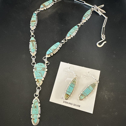 Inlay Blue Turquoise#8 Navajo Sterling Silver Lariat Necklace Earrings 24” 17770