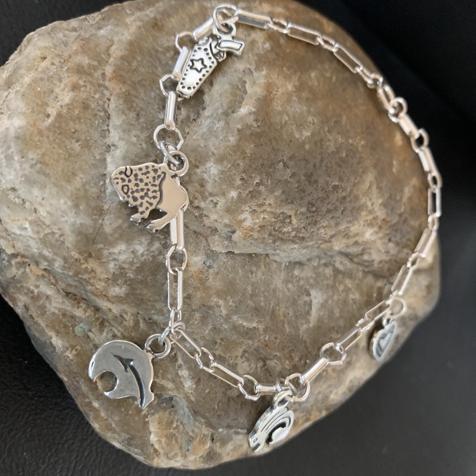 Kokopelli Different Charms Navajo Sterling Silver Link Bracelet 7.5" 1464