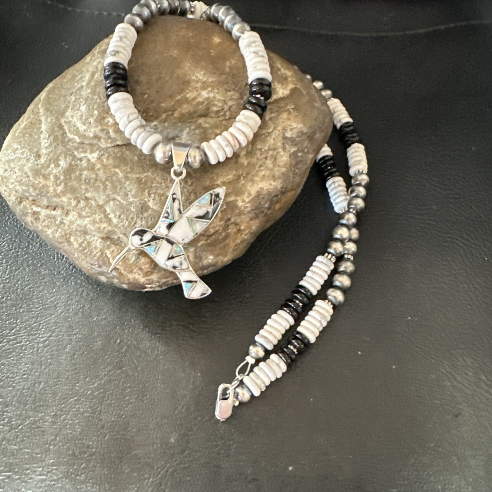 HummingBird White Buffalo Pendant Howlite Sterling Silver Necklace 18727