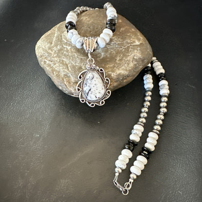 White Buffalo Turquoise Pendant Howlite Navajo Sterling Silver Necklace 24”18724