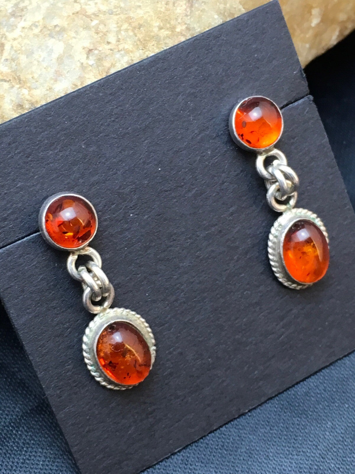 Native American Navajo Sterling Silver Gold Amber Dangle Earrings 13104