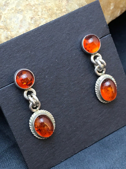 Native American Navajo Sterling Silver Gold Amber Dangle Earrings 13104