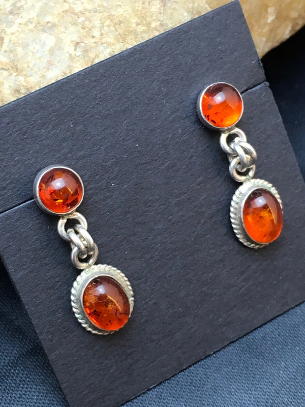 Navajo Gold Amber Dangle Earrings | Sterling Silver | Authentic Native American Handmade | 13104