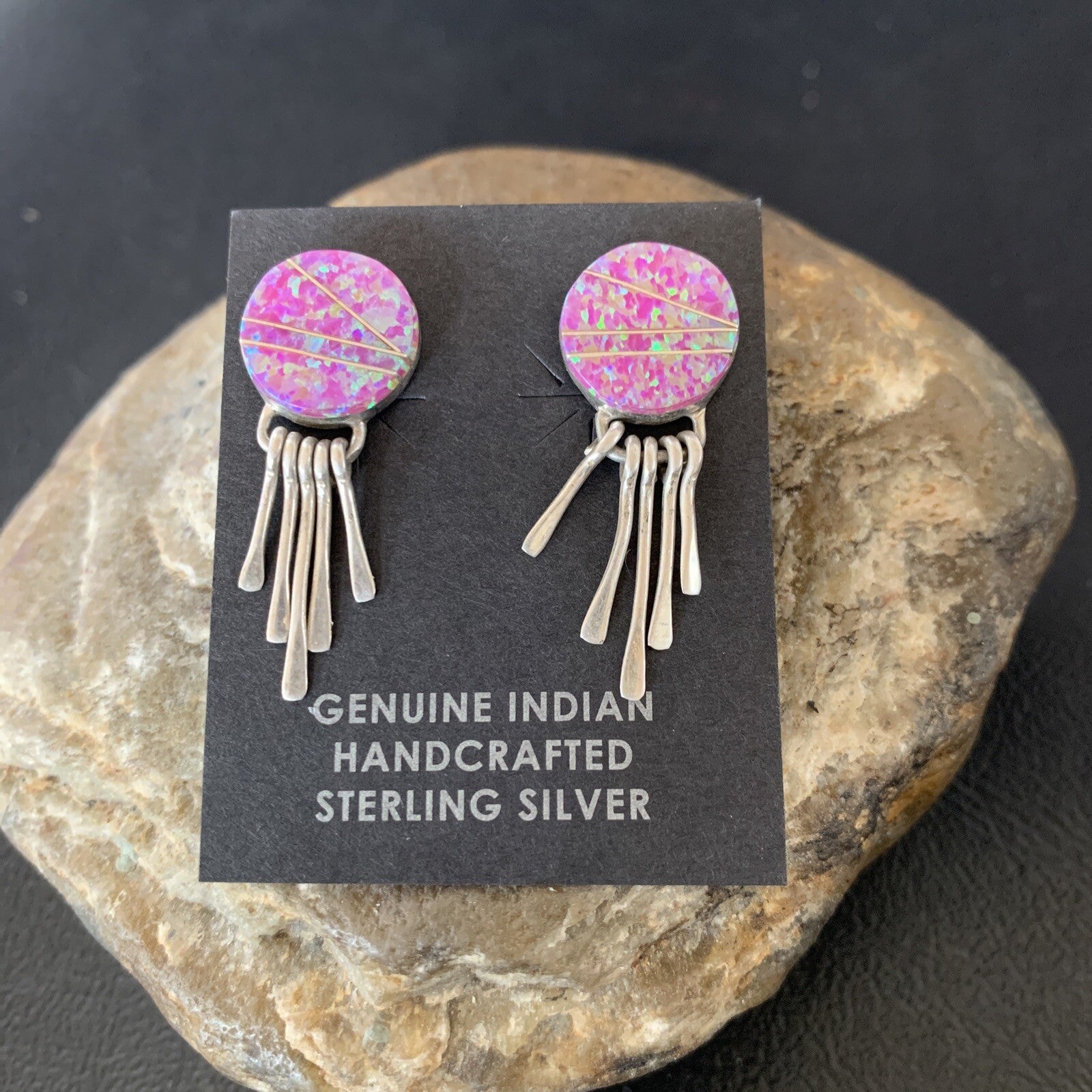 Womens Pink Opal Inlay Navajo Sterling Silver Dangle Post Earrings 1.3" 12758