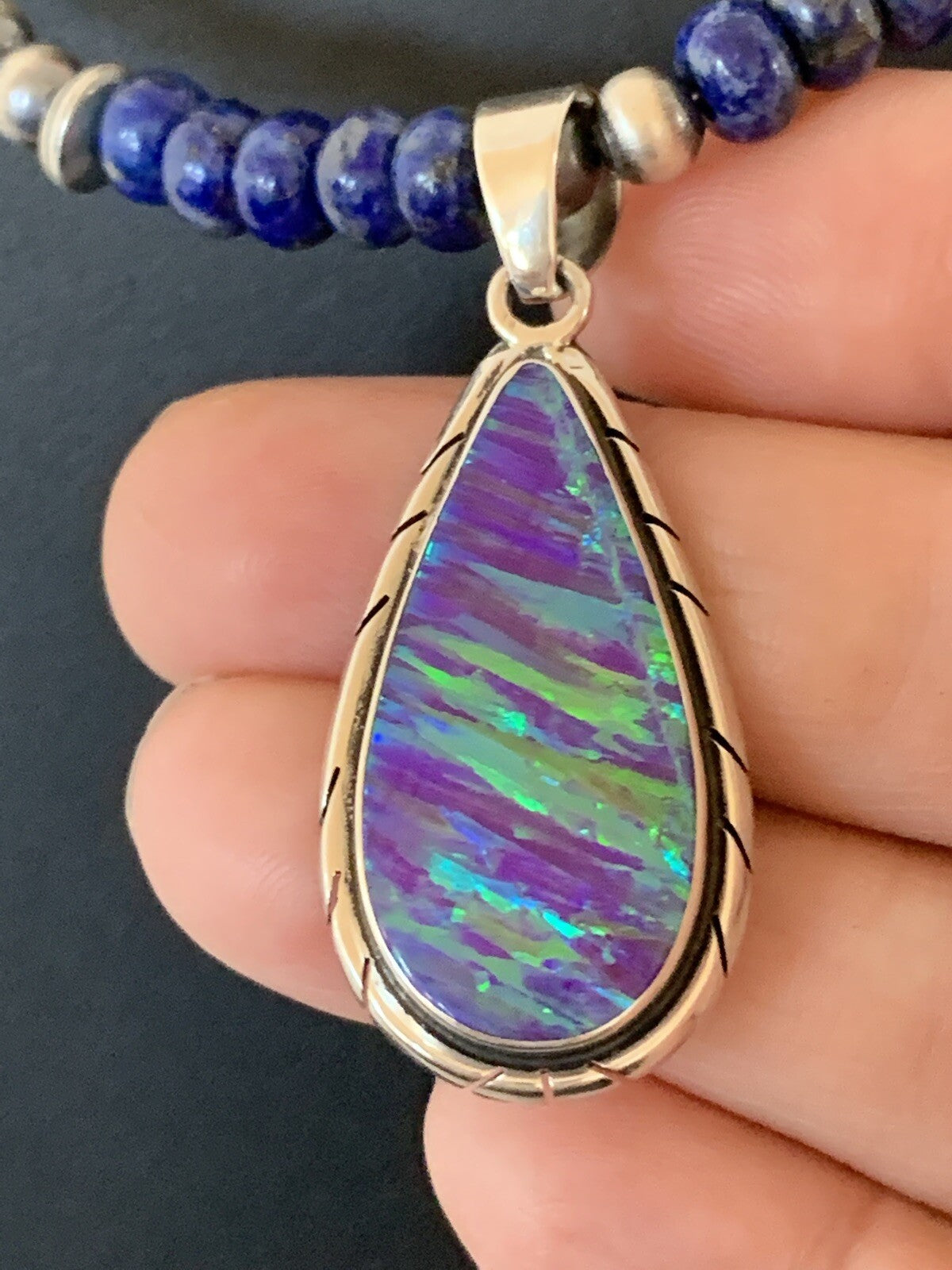 Native Navajo Sterling Silver Purple Opal Lapis Necklace Pendant 00591