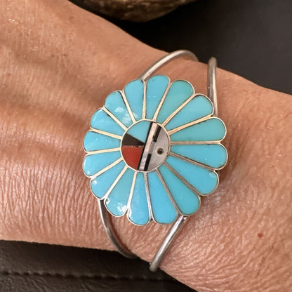 Old Pawn Sunface Turquoise Zuni Sterling Silver Onyx Bracelet 6.5” 19129