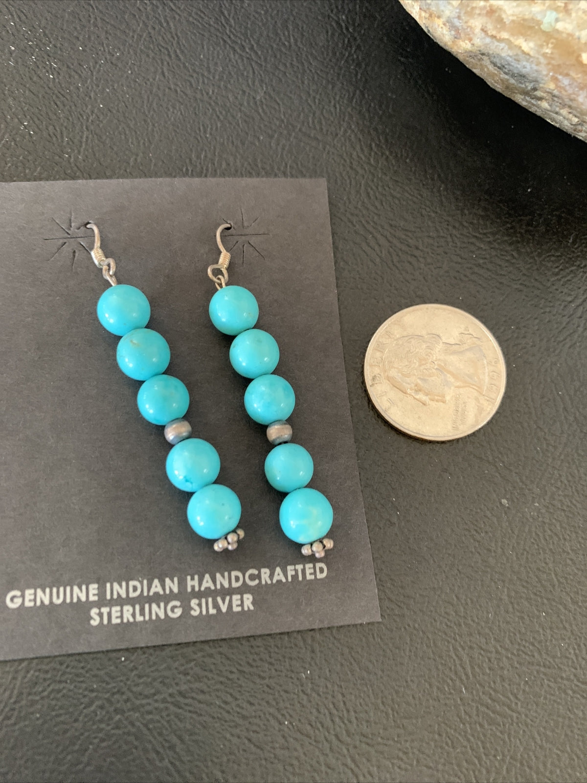 Blue Turquoise Earrings Native American Sterling Silver Bead 2" 13046