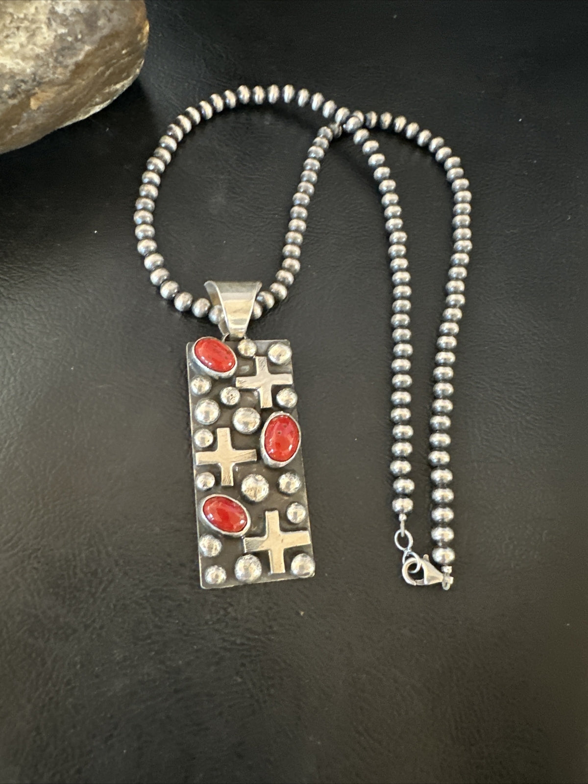 Navajo Pearls Red Coral Necklace Pendant 20” Native American 15909