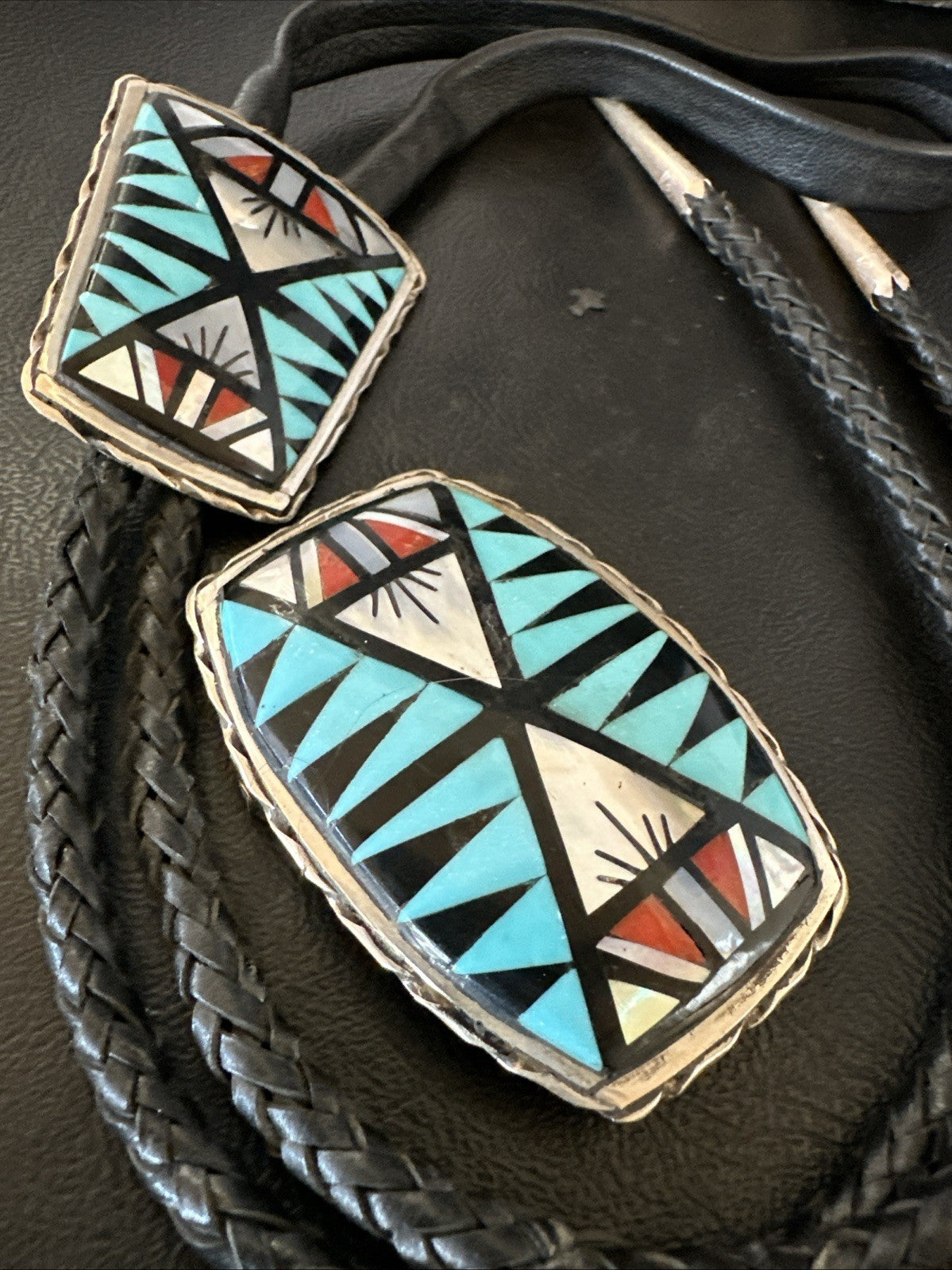 Zuni  Mens BoloTie Belt Buckle Ranger Set Turquoise Coral Sterling Silver 19155