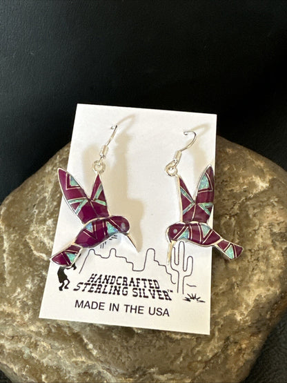 Purple Sugilite Opal Sterling Silver Hummingbird Dangle Earrings 18551