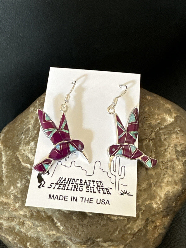 Purple Sugilite Opal Hummingbird Dangle Earrings | Sterling Silver | Authentic Native American Handmade | 18551