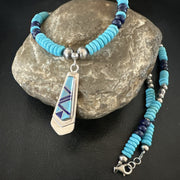 Blue Lapis Turquoise Inlay Pendant Navajo Necklace 20" | Sterling Silver | Authentic Native American Handmade | 19657