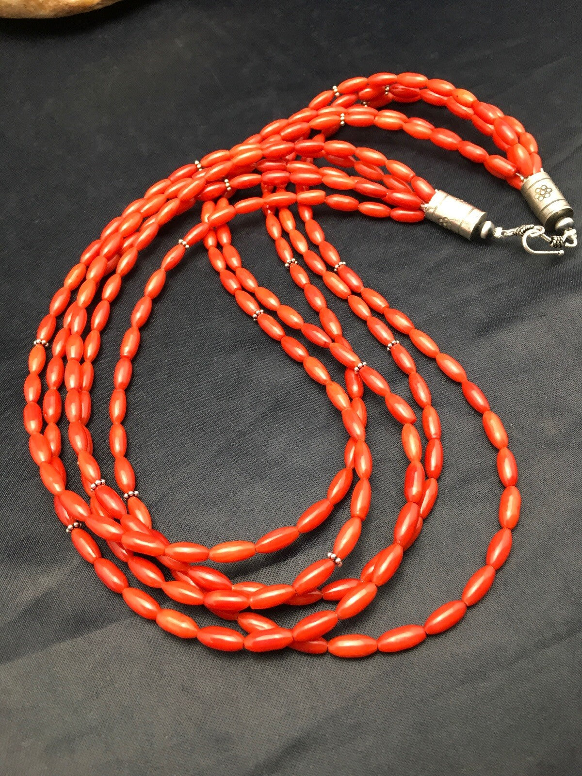 Red Bamboo Coral 5 Strand Navajo Pearls Sterling Silver Necklace 22" 04165