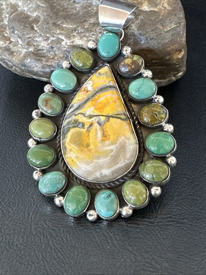 Navajo Bumblebee Jasper Green Turquoise Sterling Silver Necklace Pendant 19441