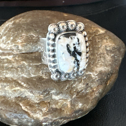 White Buffalo Turquoise Navajo Sterling Silver Ring Size 8 18777