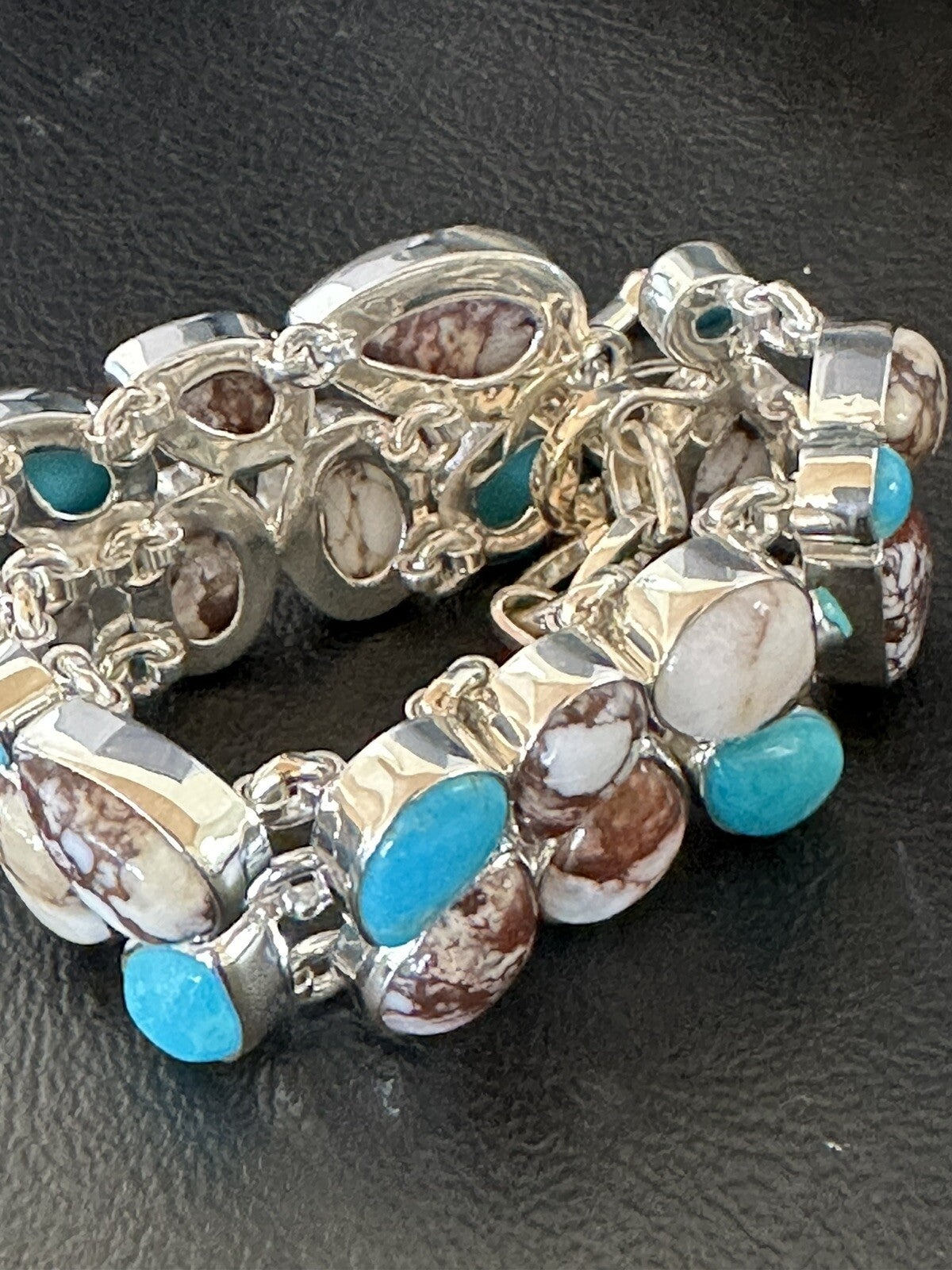 WoMen Blue Wild Horse Turquoise Sterling Silver Southwestern Link Bracelet 17973