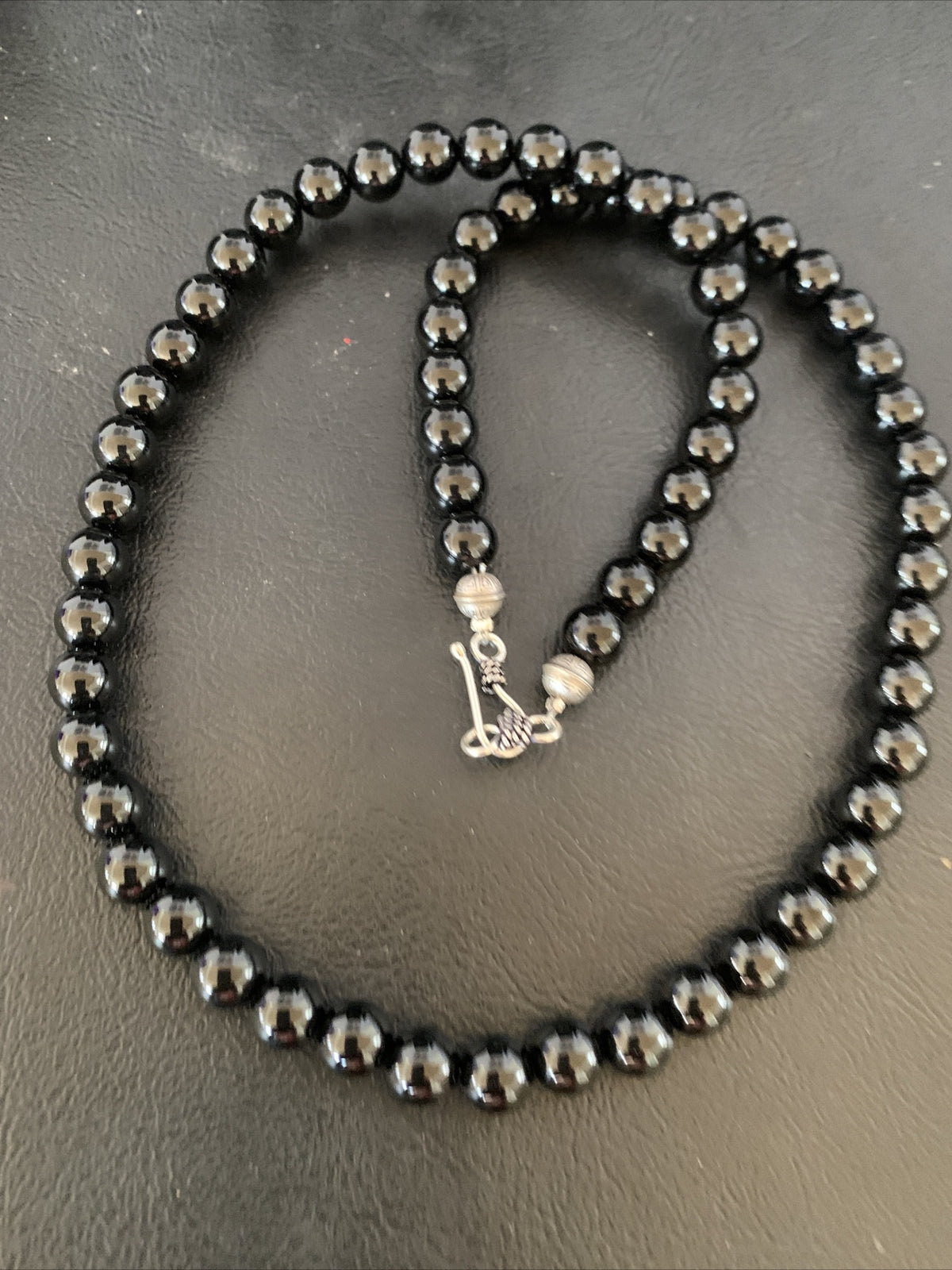 Mens Black Onyx Bead Necklace 22" Navajo Sterling Silver 13109