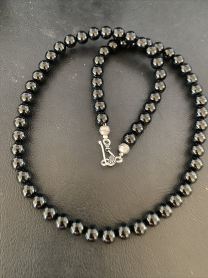 Mens Black Onyx Bead Necklace 22" Navajo Sterling Silver 13109
