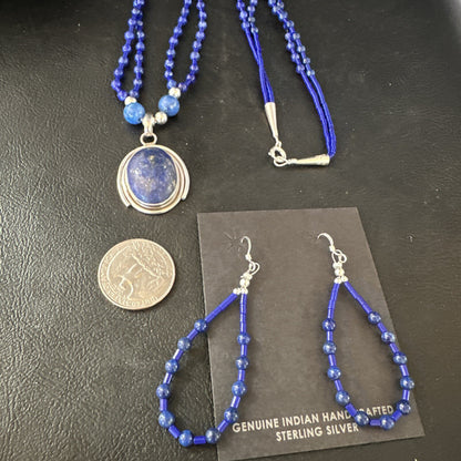 Sterling Silver Navajo Blue Lapis Mens Pendant Necklace Earrings 22” 15539