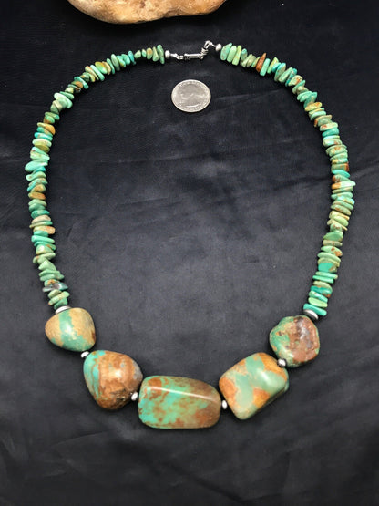 Chunky Green Nugget Turquoise Navajo Sterling Silver Necklace 23" 3216