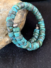 Navajo Natural Turquoise Heishi Bracelet Stainless Steel Memory Wire | Authentic Native American Handmade | 17609