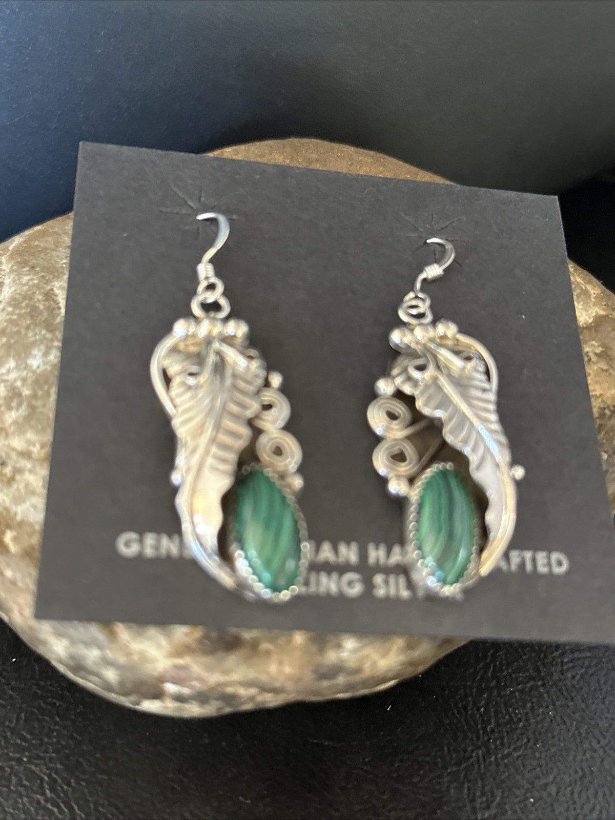 Green Malachite Navajo Sterling Silver Dangle Earrings 14761