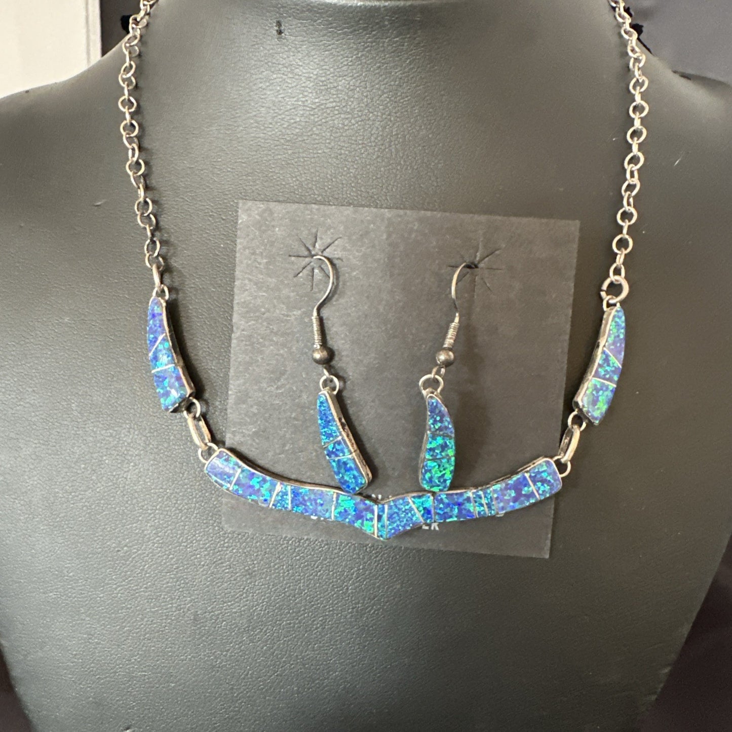 Old Pawn Blue Opal Necklace Inlay Navajo Sterling Silver 16" Earrings 19125