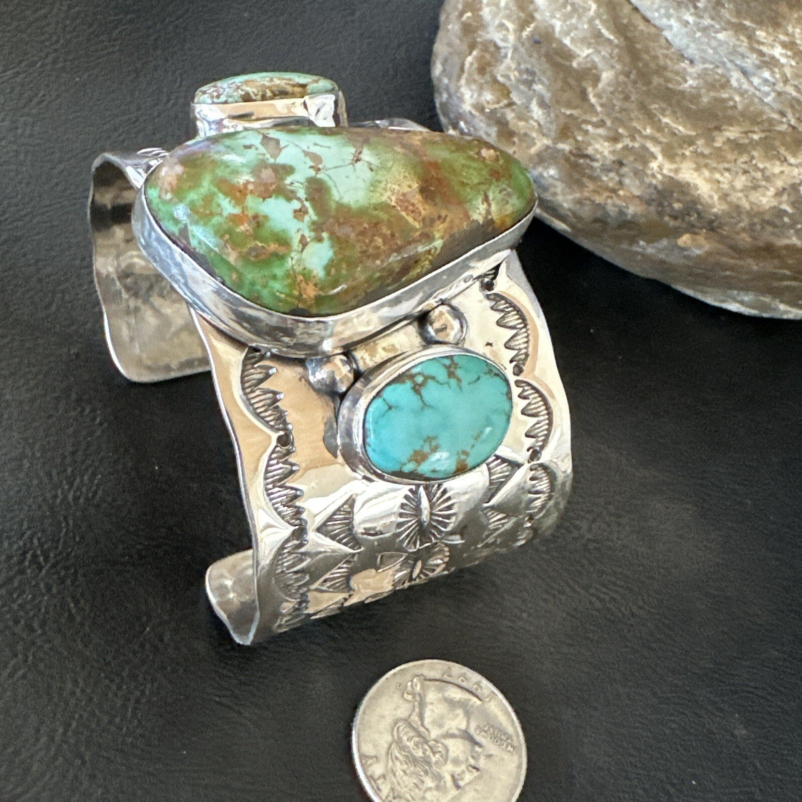 Navajo Green Royston TURQUOISE Stamped Sterling Silver Cuff Bracelet 17938