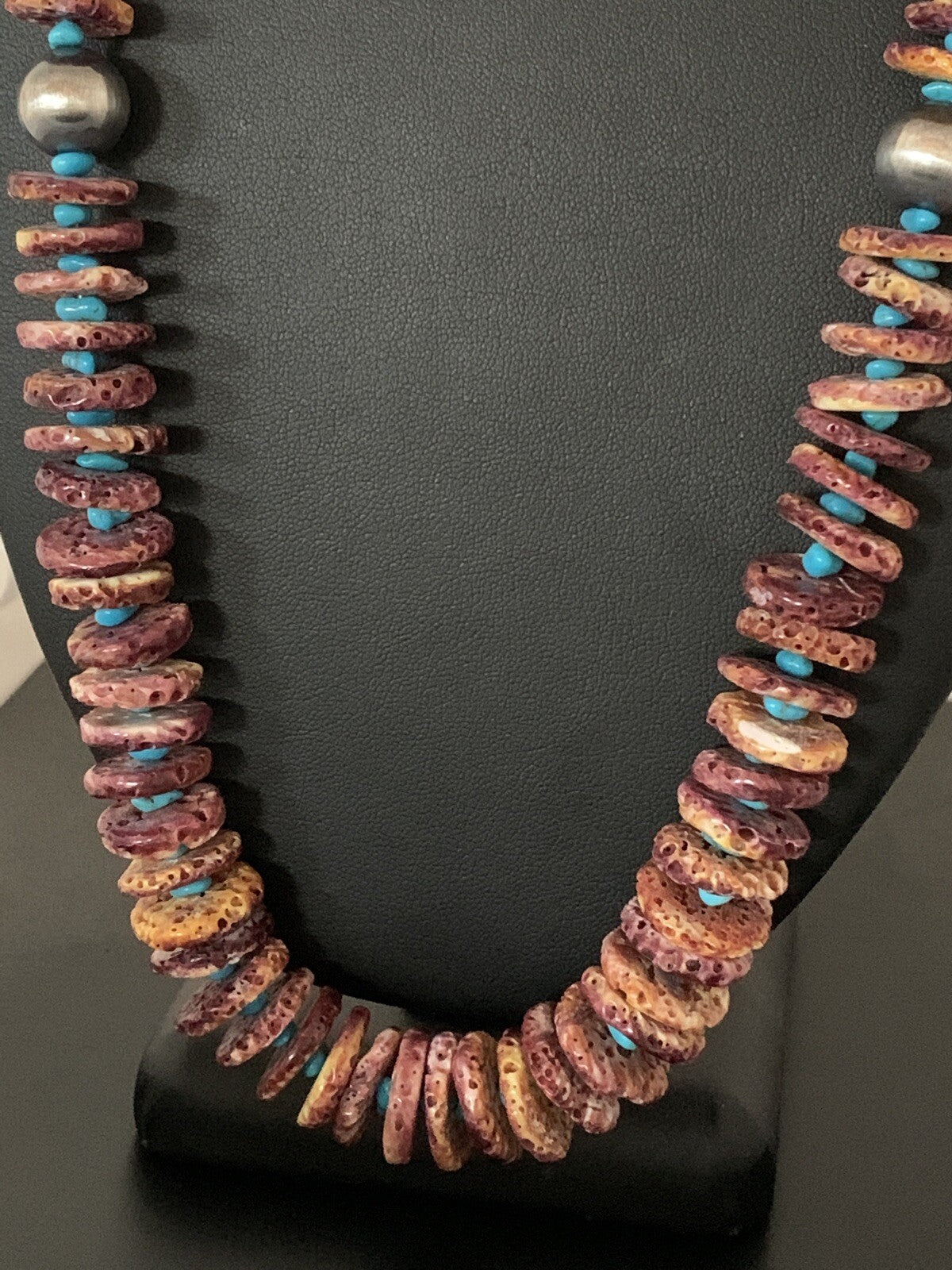 Purple Spiny Oyster & Turquoise Navajo Sterling Silver Necklace 00119