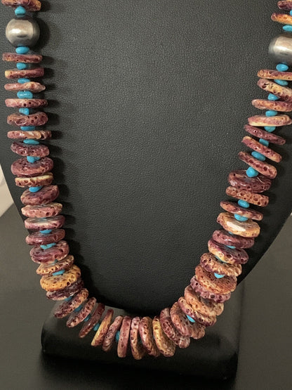 Purple Spiny Oyster & Turquoise Navajo Sterling Silver Necklace 00119
