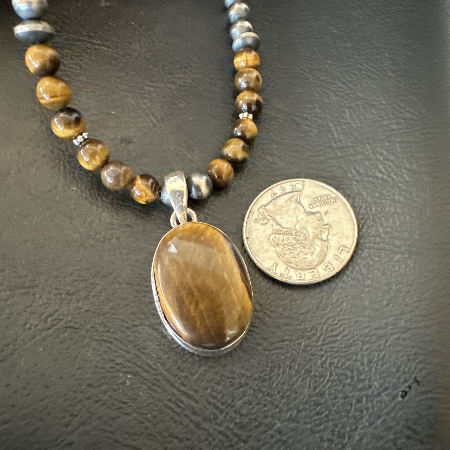 Coffee Brown Tigers Eye Sterling Silver Pendant Necklace Southwestern 18288