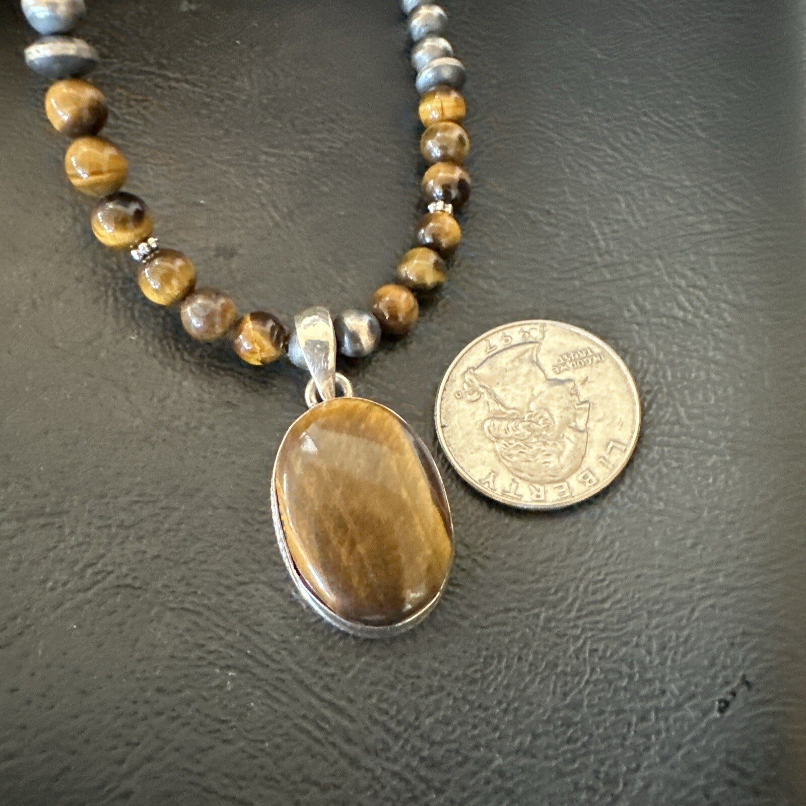 Coffee Brown Tigers Eye Sterling Silver Pendant Necklace Southwestern 18288